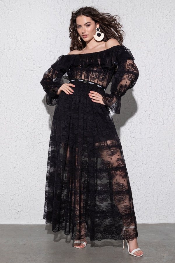Cabano Maxi Frill Sugarbird Lace fekete ruha