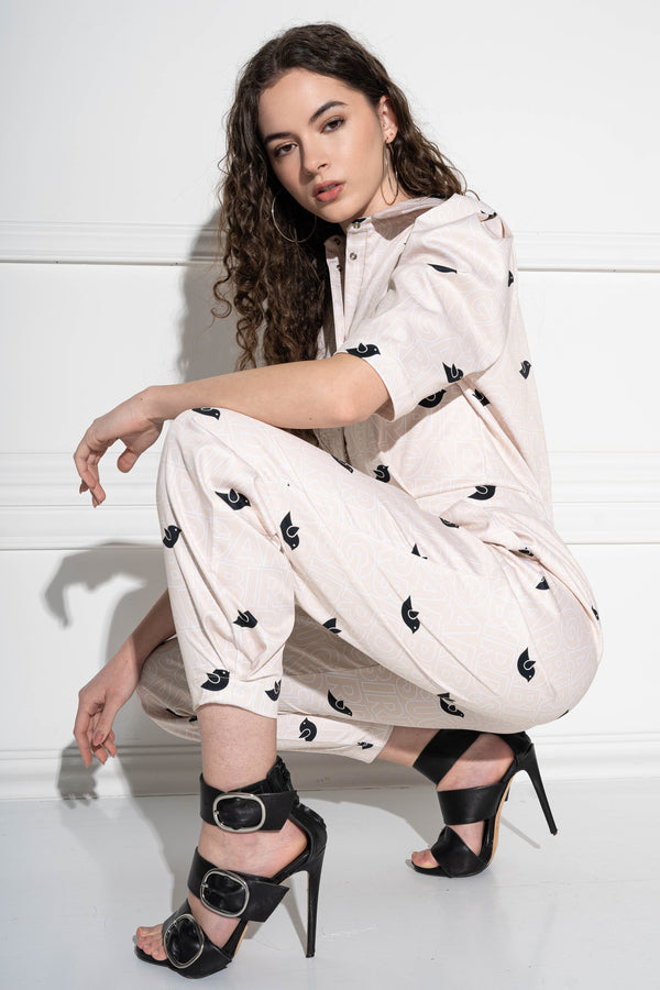 Mallowni Beige Bird Monogram Overall